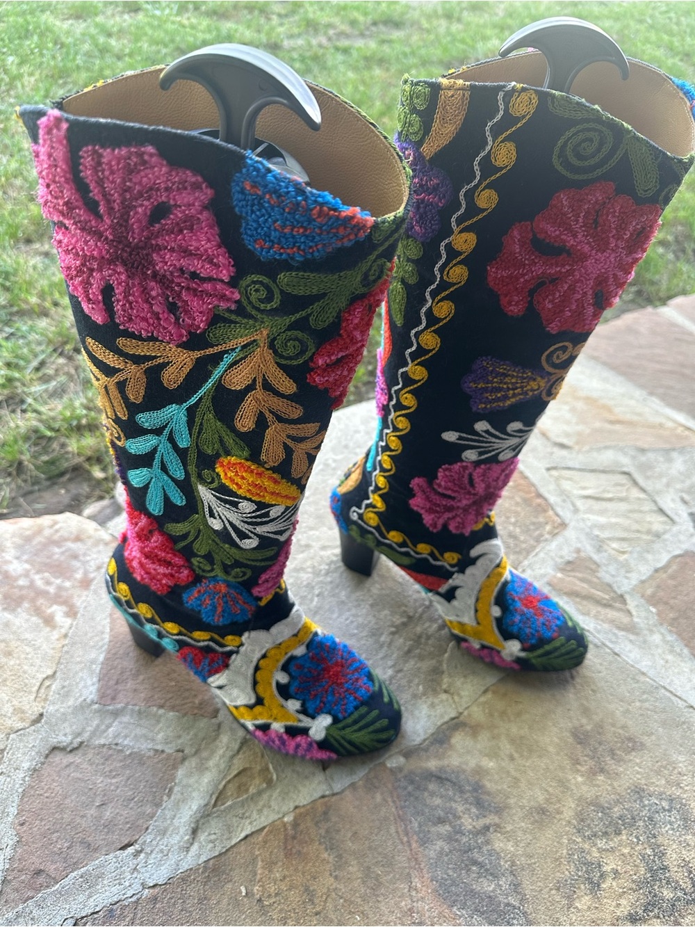 Black Floral Embroidered Knee-High Heeled Boots